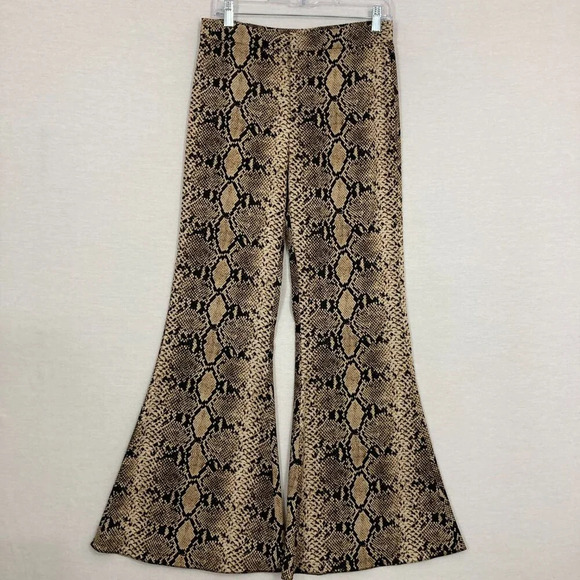 Zara Brown Animal Print Soft Stretch Flare Leg Pants size Small - Picture 1 of 11